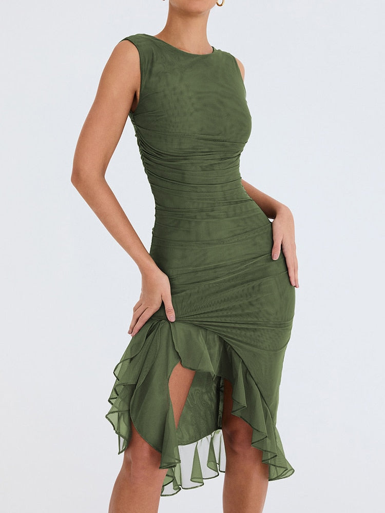 Marta-Elegante vestido midi con volantes